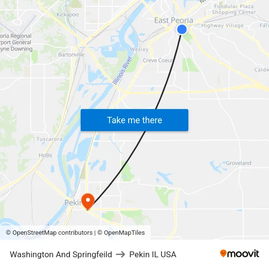 Washington And Springfeild to Pekin IL USA map