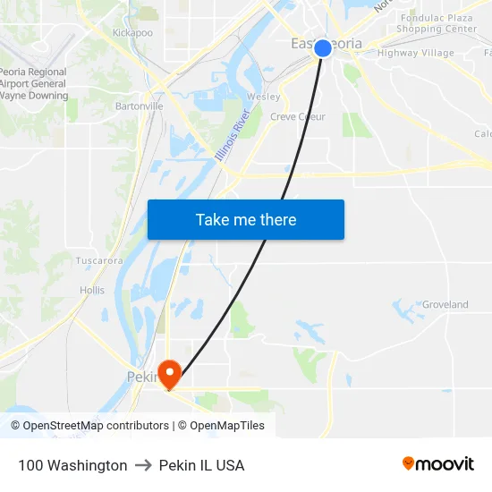 100 Washington to Pekin IL USA map