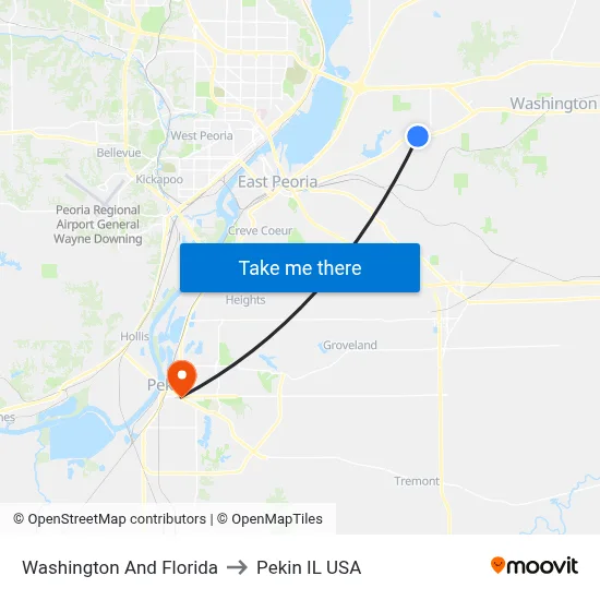 Washington And Florida to Pekin IL USA map