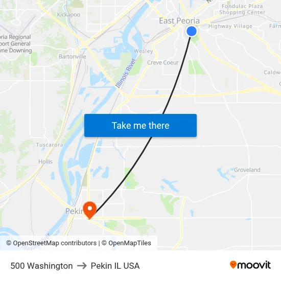500 Washington to Pekin IL USA map
