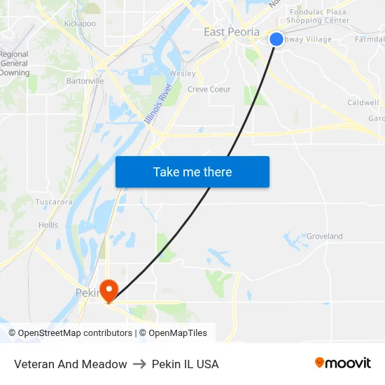 Veteran And Meadow to Pekin IL USA map