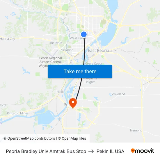 Peoria Bradley Univ Amtrak Bus Stop to Pekin IL USA map