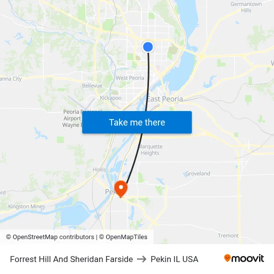 Forrest Hill And Sheridan Farside to Pekin IL USA map
