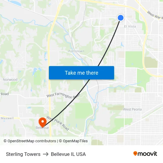 Sterling Towers to Bellevue IL USA map
