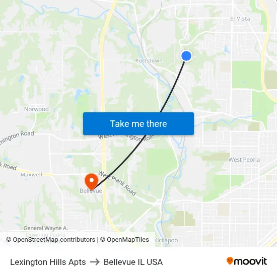 Lexington Hills Apts to Bellevue IL USA map