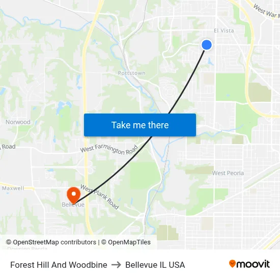 Forest Hill And Woodbine to Bellevue IL USA map