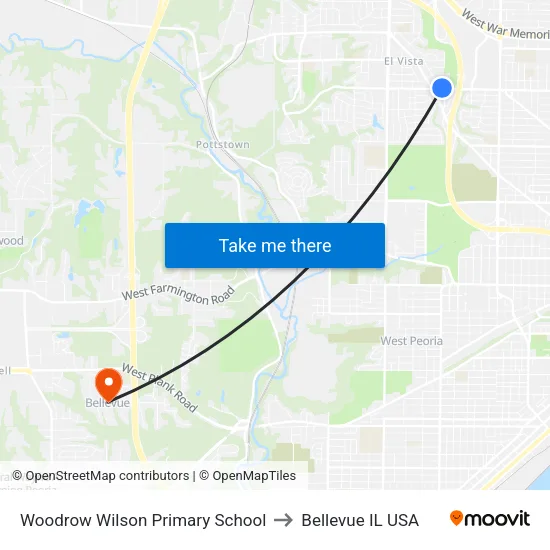 Woodrow Wilson Primary School to Bellevue IL USA map