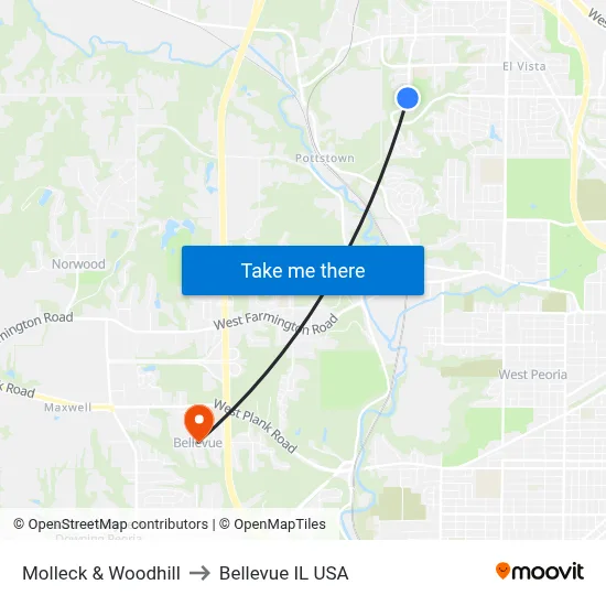 Molleck & Woodhill to Bellevue IL USA map