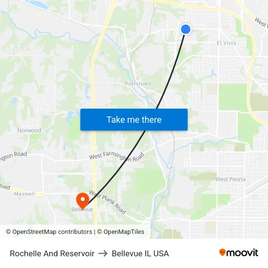 Rochelle And Reservoir to Bellevue IL USA map