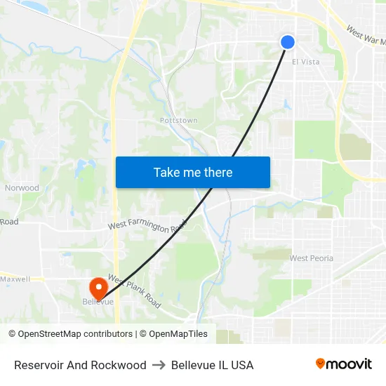 Reservoir And Rockwood to Bellevue IL USA map