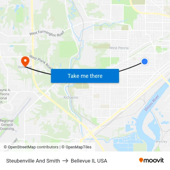 Steubenville And Smith to Bellevue IL USA map