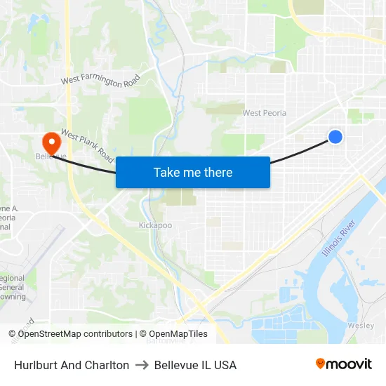 Hurlburt And Charlton to Bellevue IL USA map