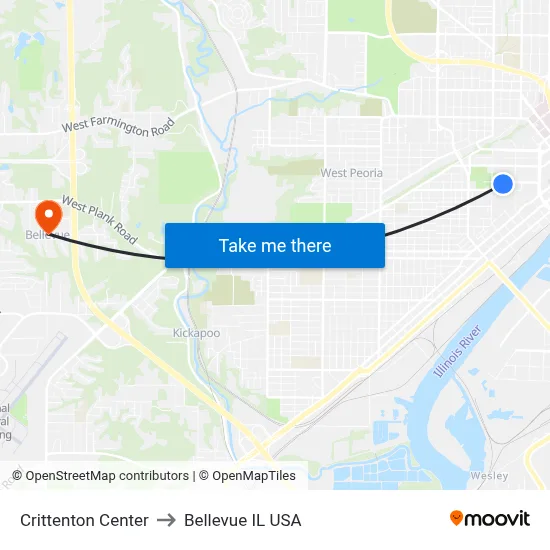 Crittenton Center to Bellevue IL USA map