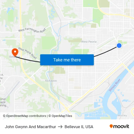 John Gwynn And Macarthur to Bellevue IL USA map