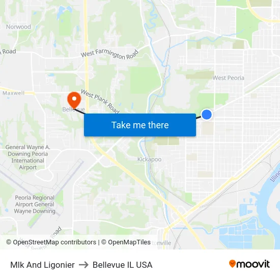 Mlk And Ligonier to Bellevue IL USA map