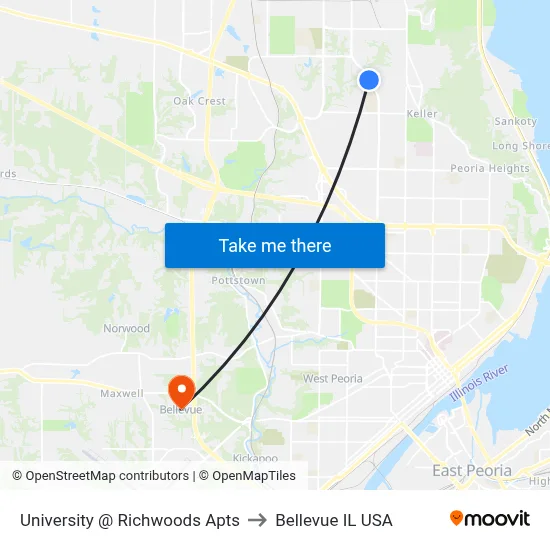 University @ Richwoods Apts to Bellevue IL USA map