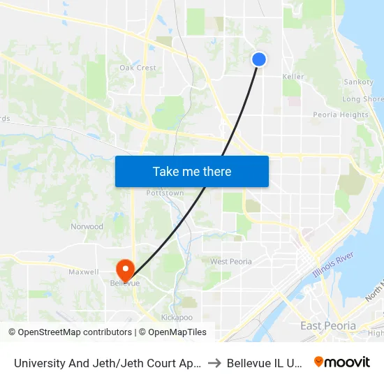 University And Jeth/Jeth Court Apts to Bellevue IL USA map