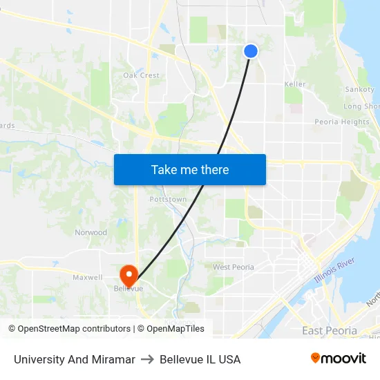 University And Miramar to Bellevue IL USA map