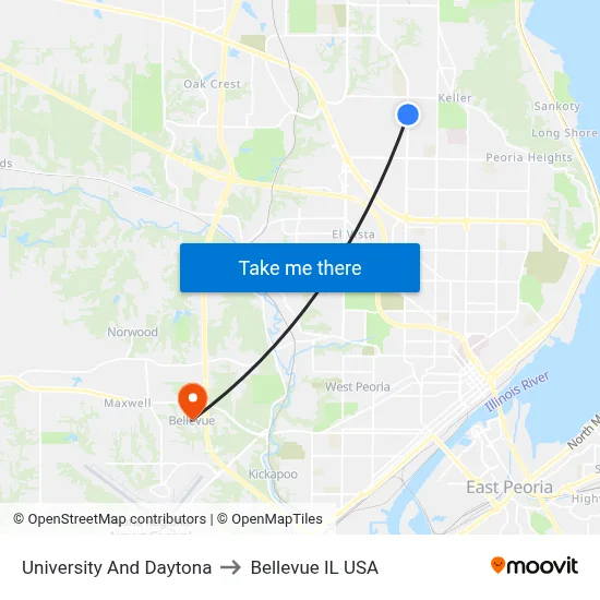 University And Daytona to Bellevue IL USA map