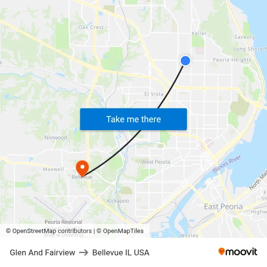Glen And Fairview to Bellevue IL USA map
