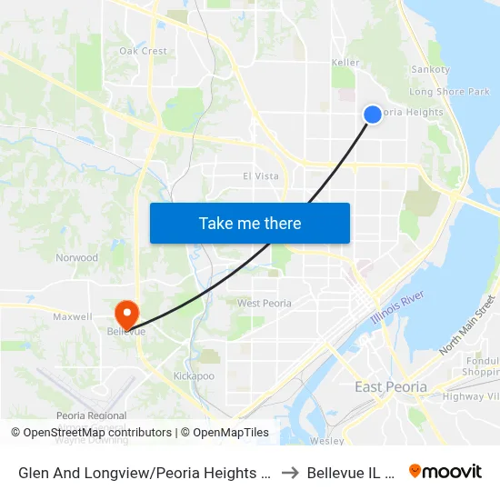 Glen And Longview/Peoria Heights Middle to Bellevue IL USA map