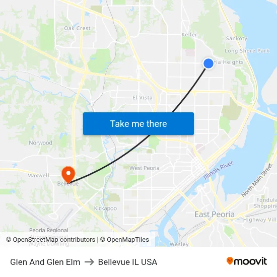 Glen And Glen Elm to Bellevue IL USA map