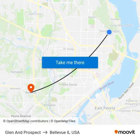 Glen And Prospect to Bellevue IL USA map