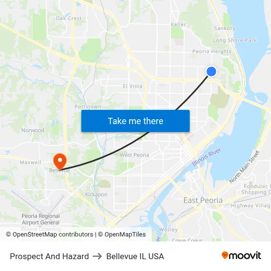 Prospect And Hazard to Bellevue IL USA map