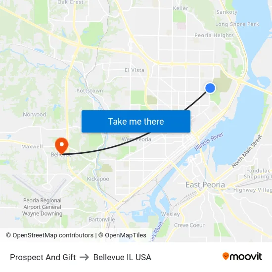 Prospect And Gift to Bellevue IL USA map