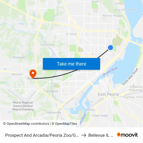 Prospect And Arcadia/Peoria Zoo/Glen Oak to Bellevue IL USA map