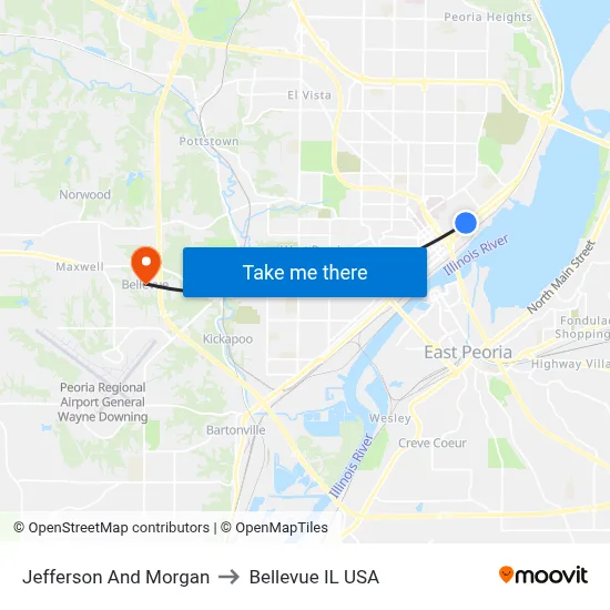 Jefferson And Morgan to Bellevue IL USA map