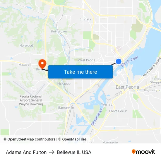 Adams And Fulton to Bellevue IL USA map