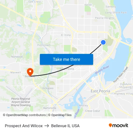 Prospect And Wilcox to Bellevue IL USA map