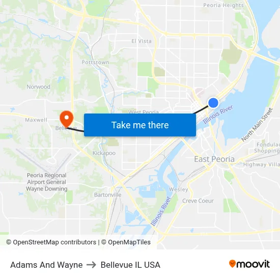 Adams And Wayne to Bellevue IL USA map