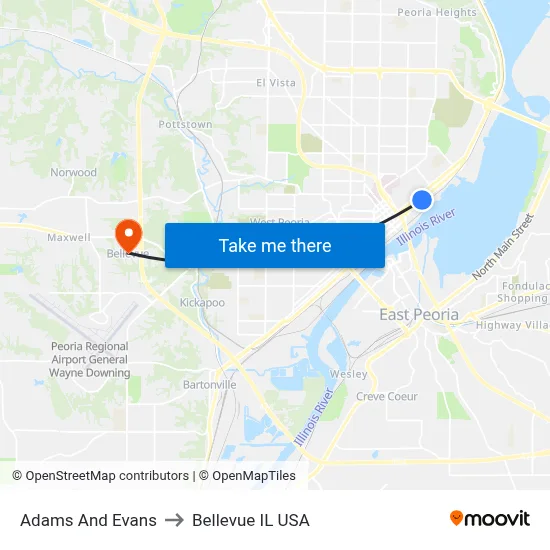 Adams And Evans to Bellevue IL USA map