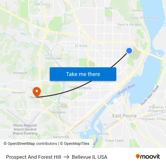Prospect And Forest Hill to Bellevue IL USA map
