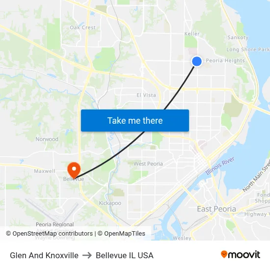Glen And Knoxville to Bellevue IL USA map