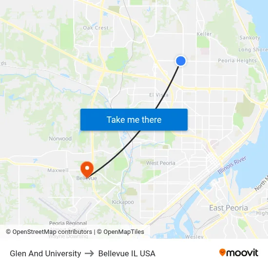 Glen And University to Bellevue IL USA map