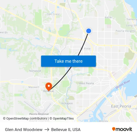 Glen And Woodview to Bellevue IL USA map