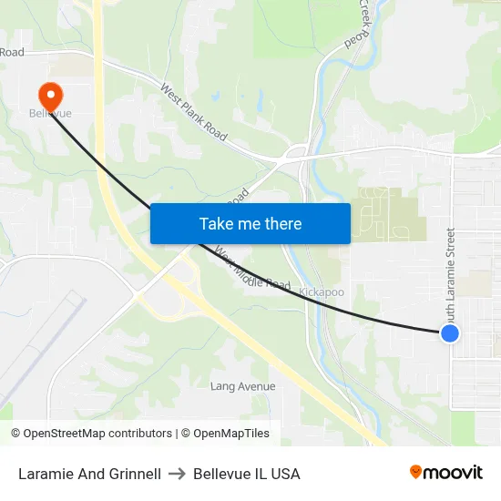 Laramie And Grinnell to Bellevue IL USA map