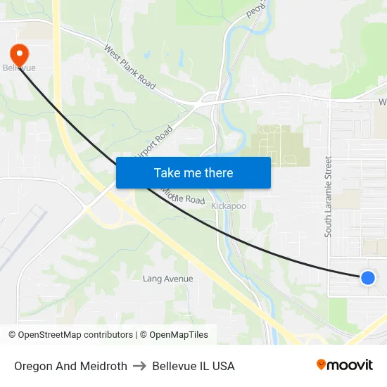 Oregon And Meidroth to Bellevue IL USA map