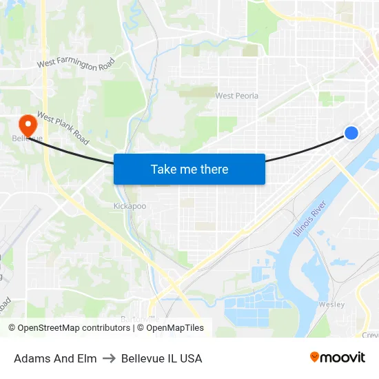 Adams And Elm to Bellevue IL USA map