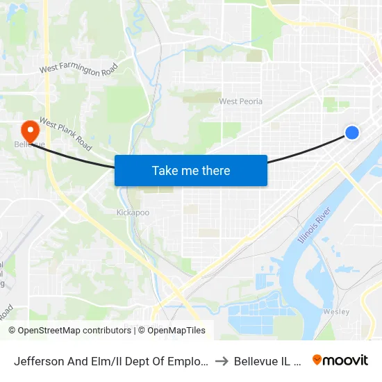 Jefferson And Elm/Il Dept Of Employment to Bellevue IL USA map
