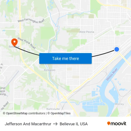 Jefferson And Macarthrur to Bellevue IL USA map