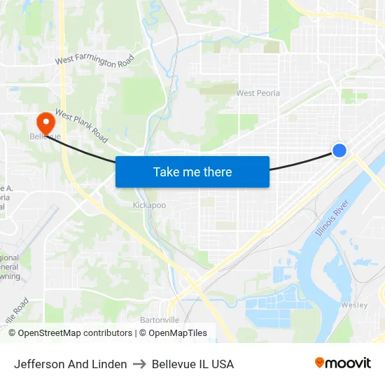 Jefferson And Linden to Bellevue IL USA map