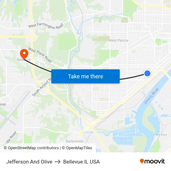 Jefferson And Olive to Bellevue IL USA map