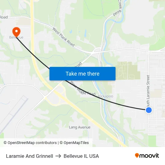 Laramie And Grinnell to Bellevue IL USA map