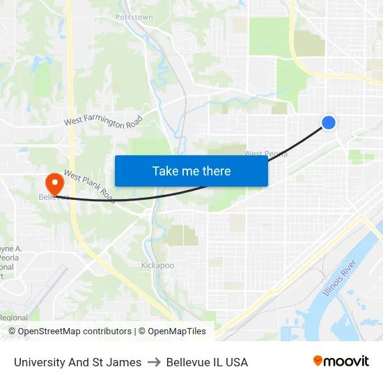 University And St James to Bellevue IL USA map