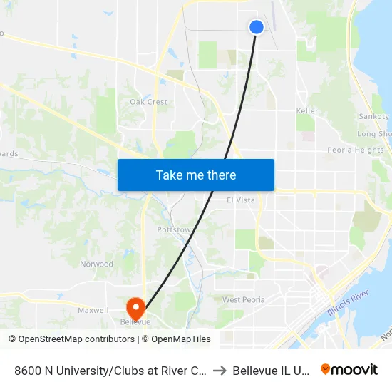 8600 N University/Clubs at River City to Bellevue IL USA map