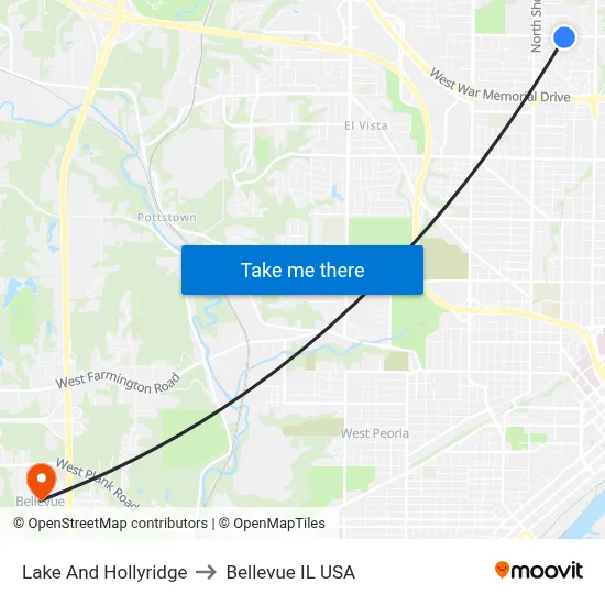 Lake And Hollyridge to Bellevue IL USA map